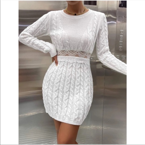 Comfy White Sheer Mesh Lace Knit Sweater Dress - Picture 6 of 6